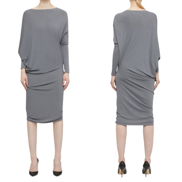 Jo No Fui Dress Faded Jersey Crepe Dress Long Sleeve Tie Cuff Dark Gray NWT L/40 - Picture 1 of 10
